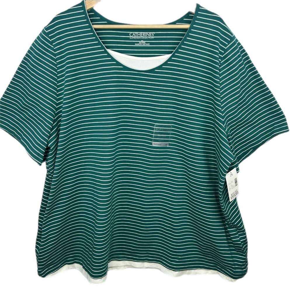 NWT Catherines Womens Plus Size 1X Blue/Wht Striped Suprema T-shirt Short Sleeve